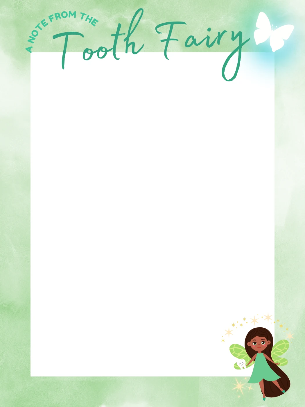 Green With Butterfly Fairy — Tooth Fairy Letter template