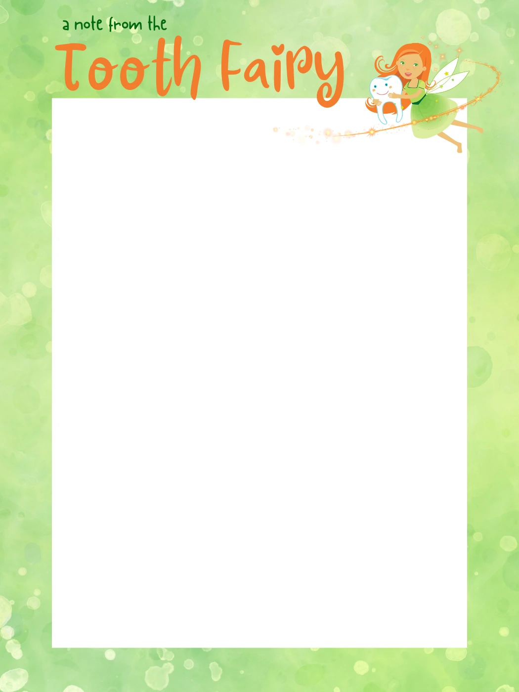 Green With Orange Hair Fairy — Tooth Fairy Letter template