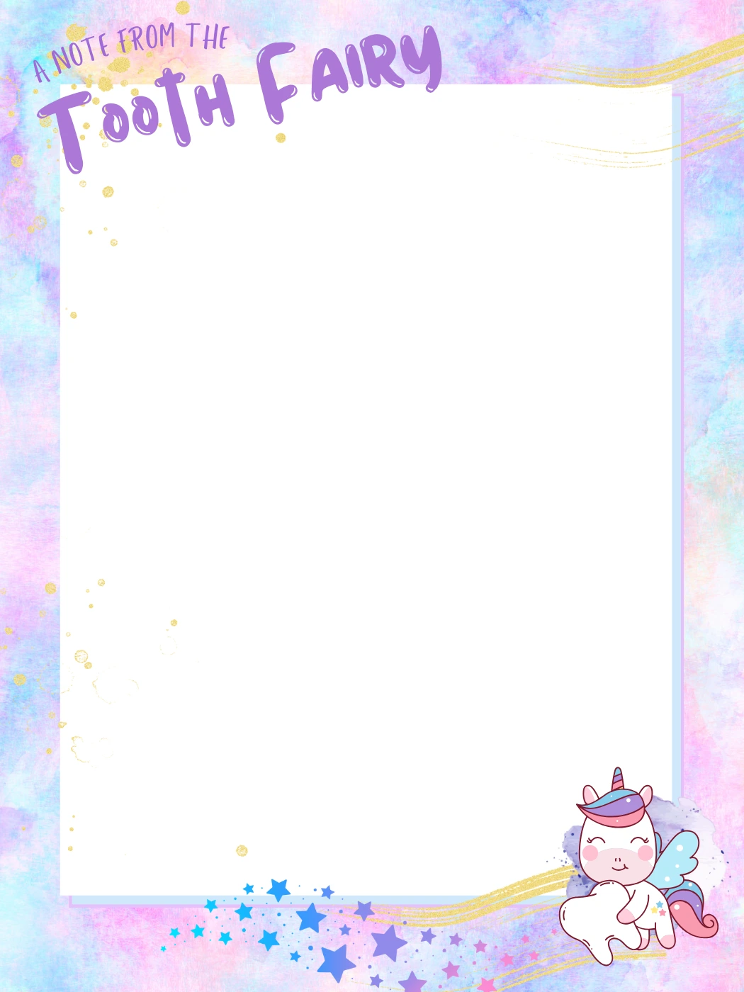 Pastel Unicorn With Stars — Tooth Fairy Letter template