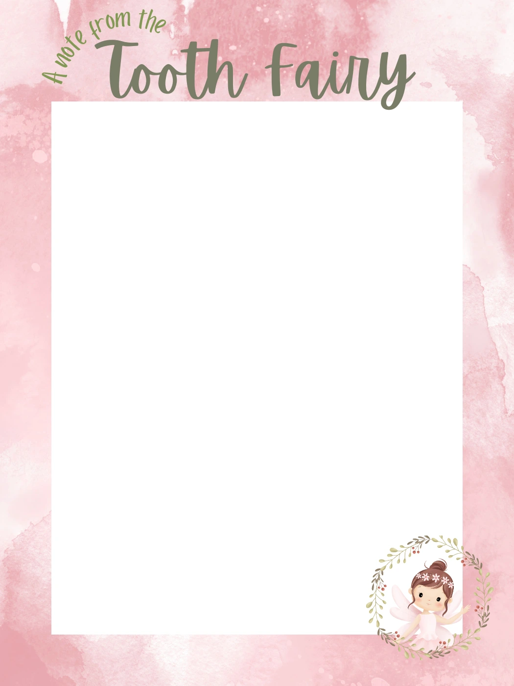 Pink Watercolor With Wreath Fairy — Tooth Fairy Letter template