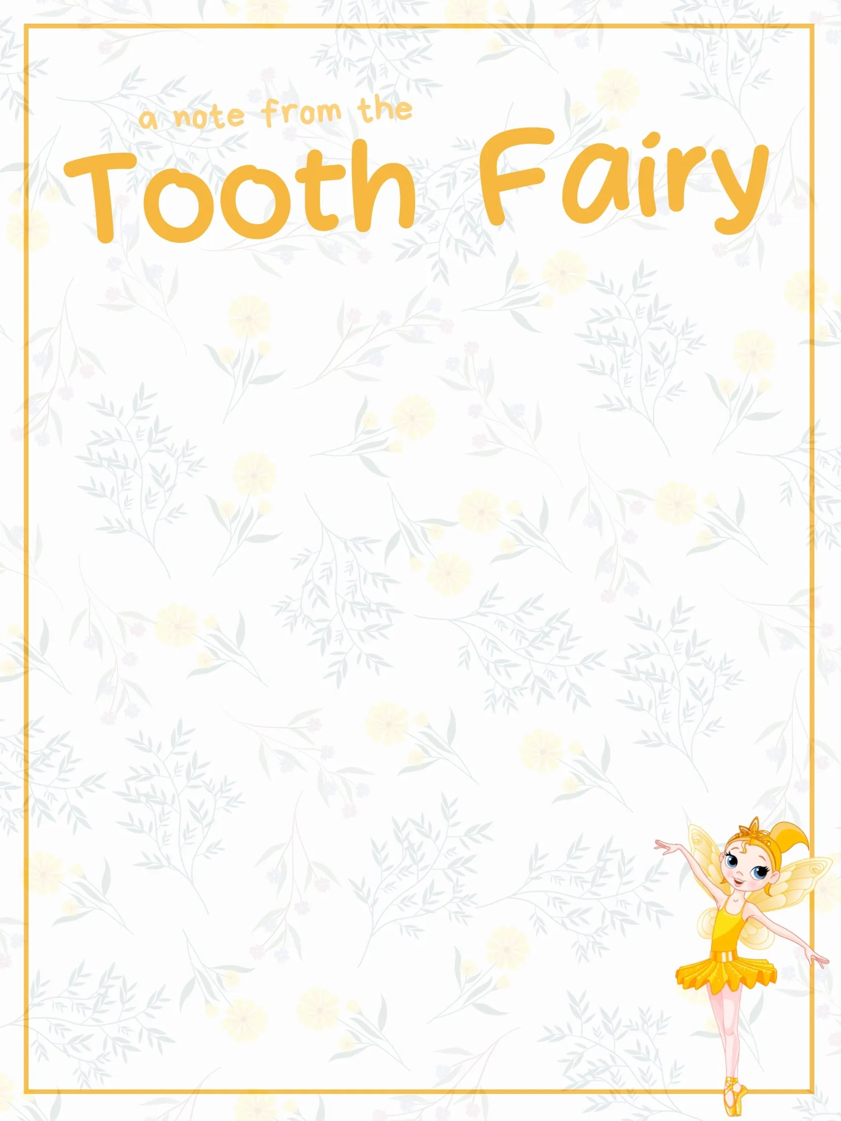 Yellow Fairy with Floral Frame — Tooth Fairy Letter template