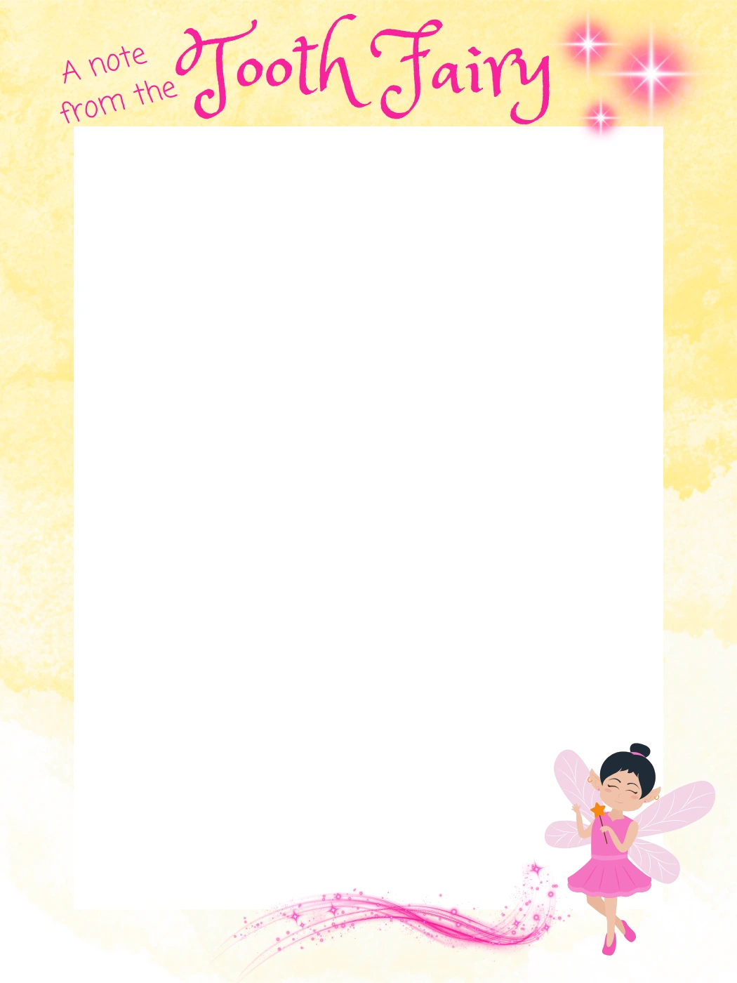 Yellow with Pink Fairy — Tooth Fairy Letter template